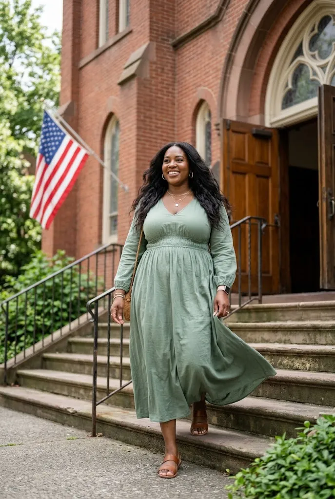 Plus size Black American woman wearing a sage green empire waist maxi dress on church steps