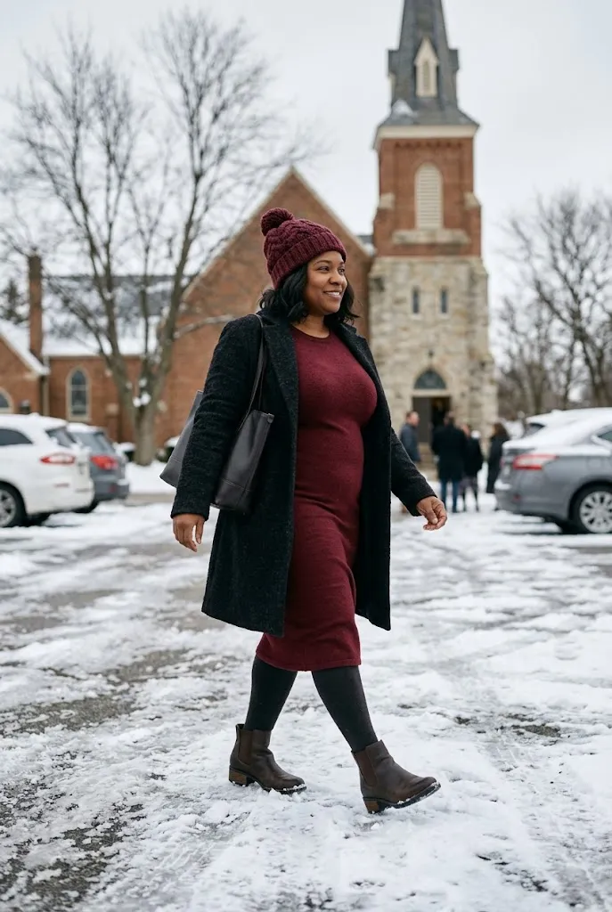 Plus size Black American woman wearing a wool dress with fleece tights and ankle boots
