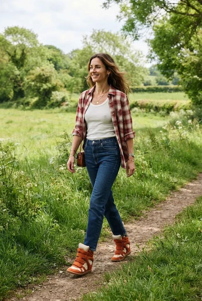 Woman in a flannel shirt wearing orange Isabel Marant-style wedge sneakers on a countryside walk