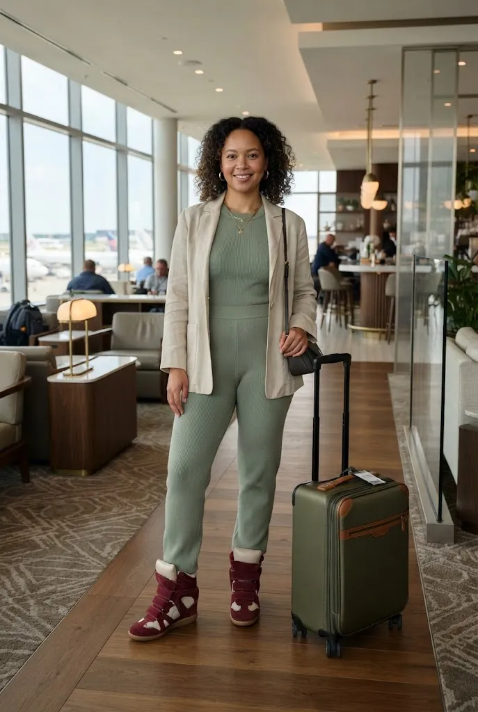 Woman in a knit travel set wearing burgundy Isabel Marant-style wedge sneakers in an airport
