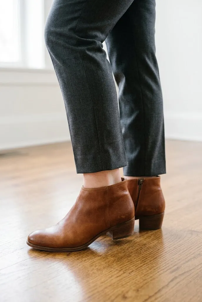 Close up of ankle boots and trouser hem showing proper length ratio