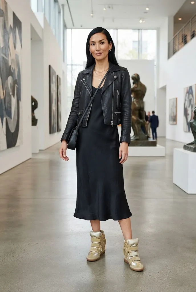 Woman in a leather jacket wearing gold Isabel Marant-style wedge sneakers at an art gallery