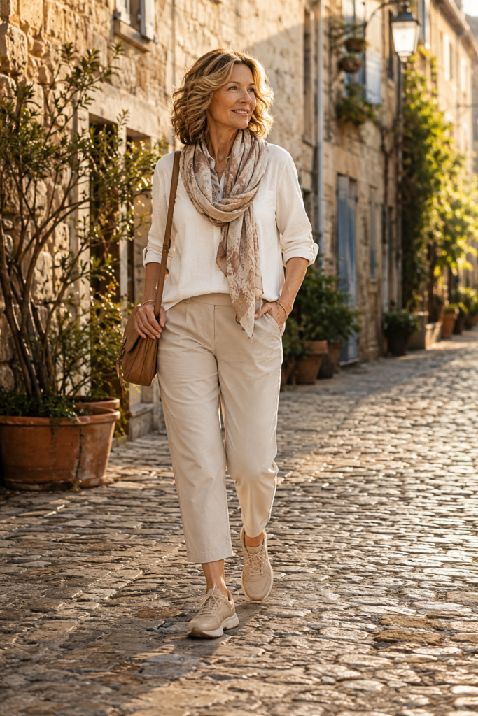 Close up of comfortable neutral walking shoes paired with a casual travel outfit