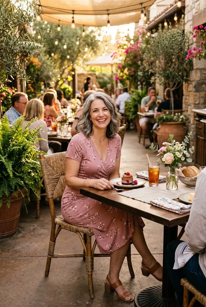 Woman in her 40s in a fitted midi dress celebrating her birthday at brunch