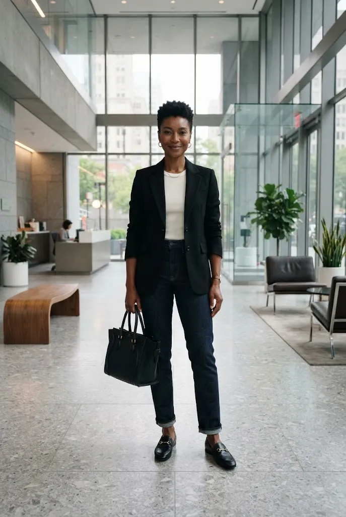 Woman wearing a black blazer with an ivory top and dark jeans
