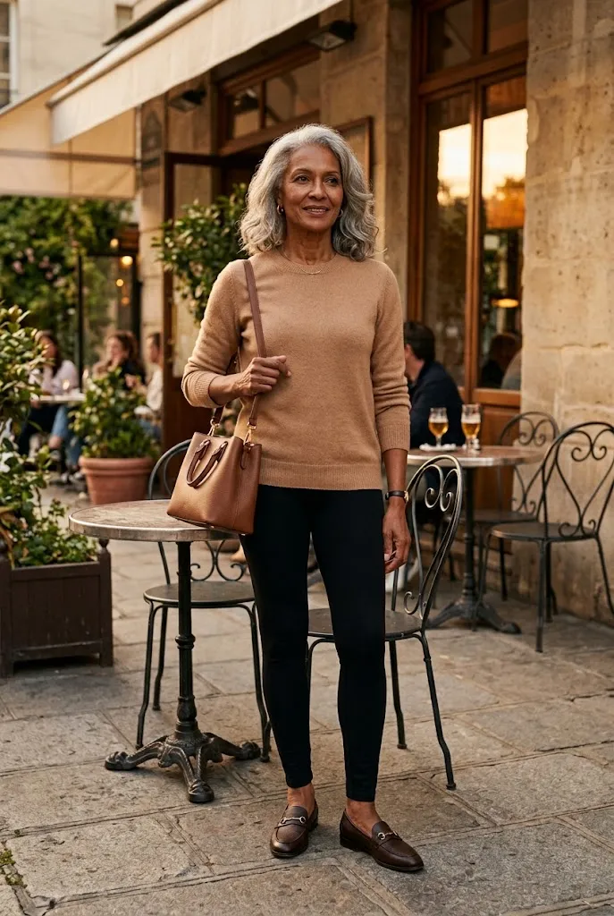 Woman over 50 wearing black leggings with a camel sweater and brown loafers
