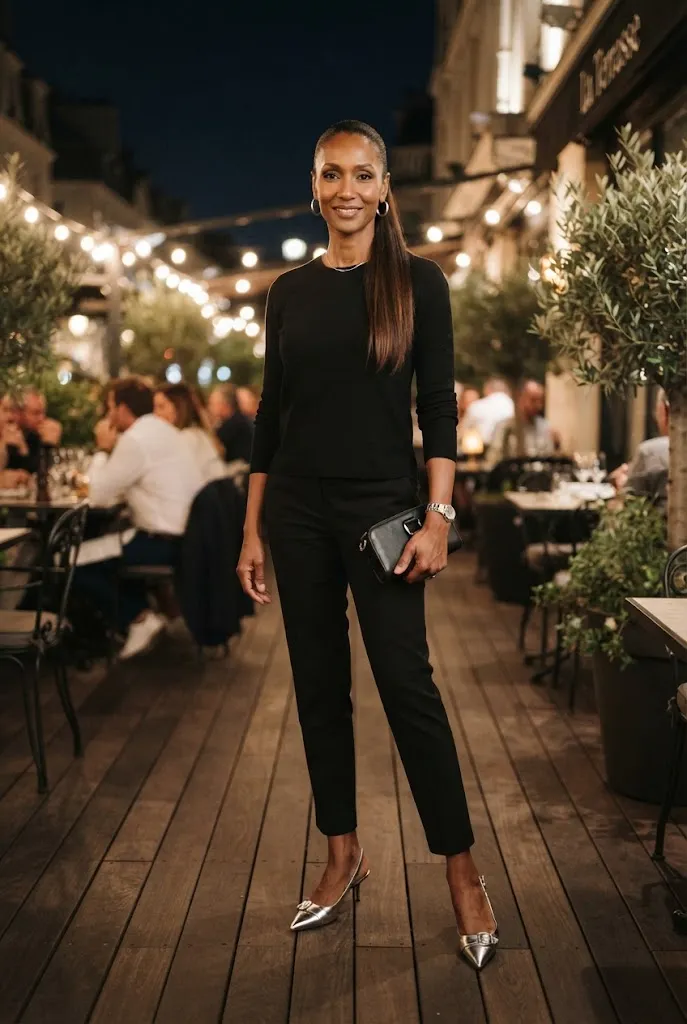 Woman over 40 wearing a simple black outfit with modern metallic shoes