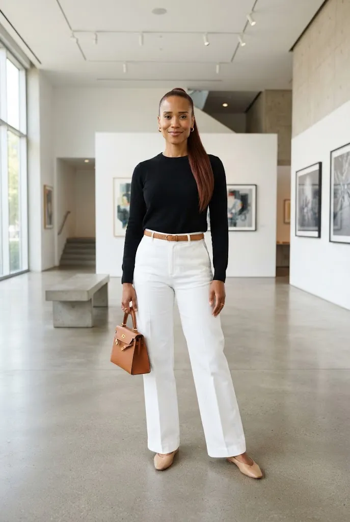 Woman wearing a black and white outfit with beige accessories