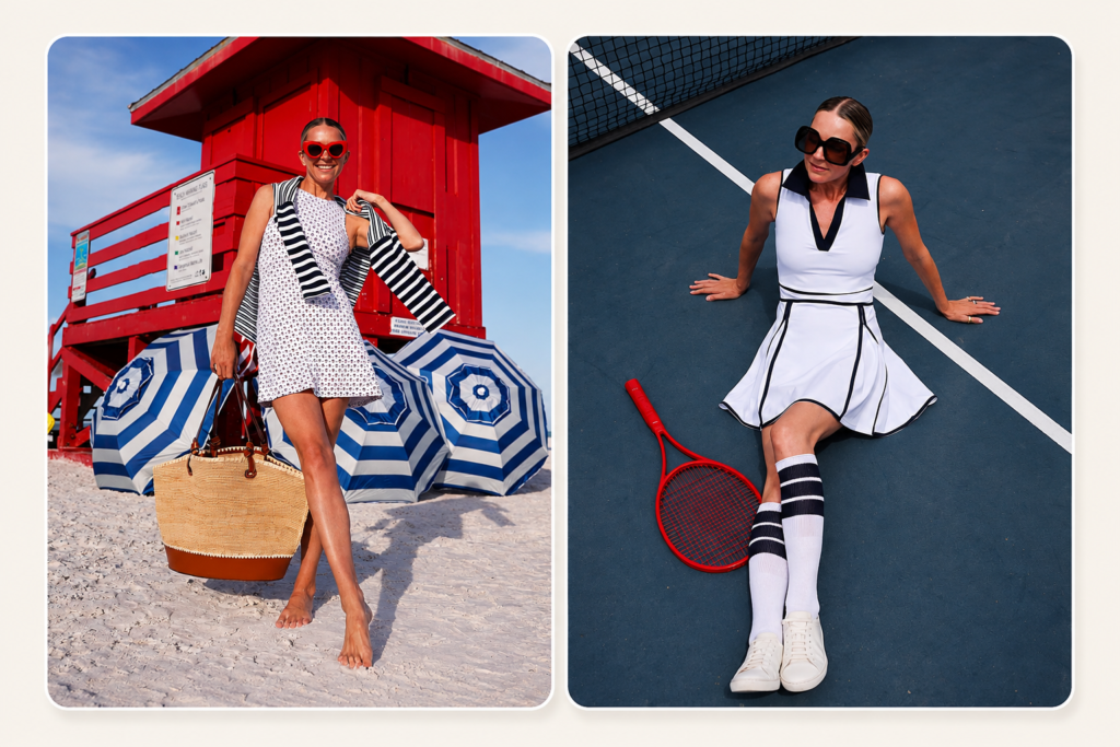 Blair Eadie showcasing elegant beach and tennis outfits in a side-by-side fashion lifestyle collage.
