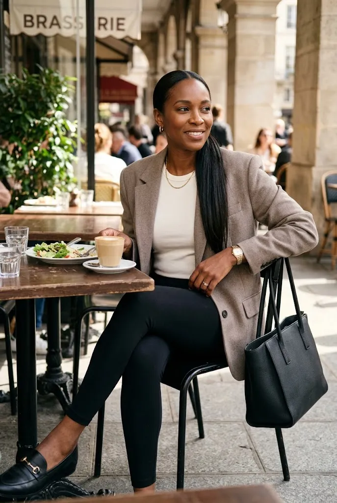 Black woman over 40 wearing black leggings, ivory top, taupe blazer, and loafers