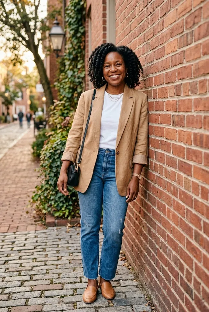 Black woman over 40 styling an oversized blazer with jeans and a white tee