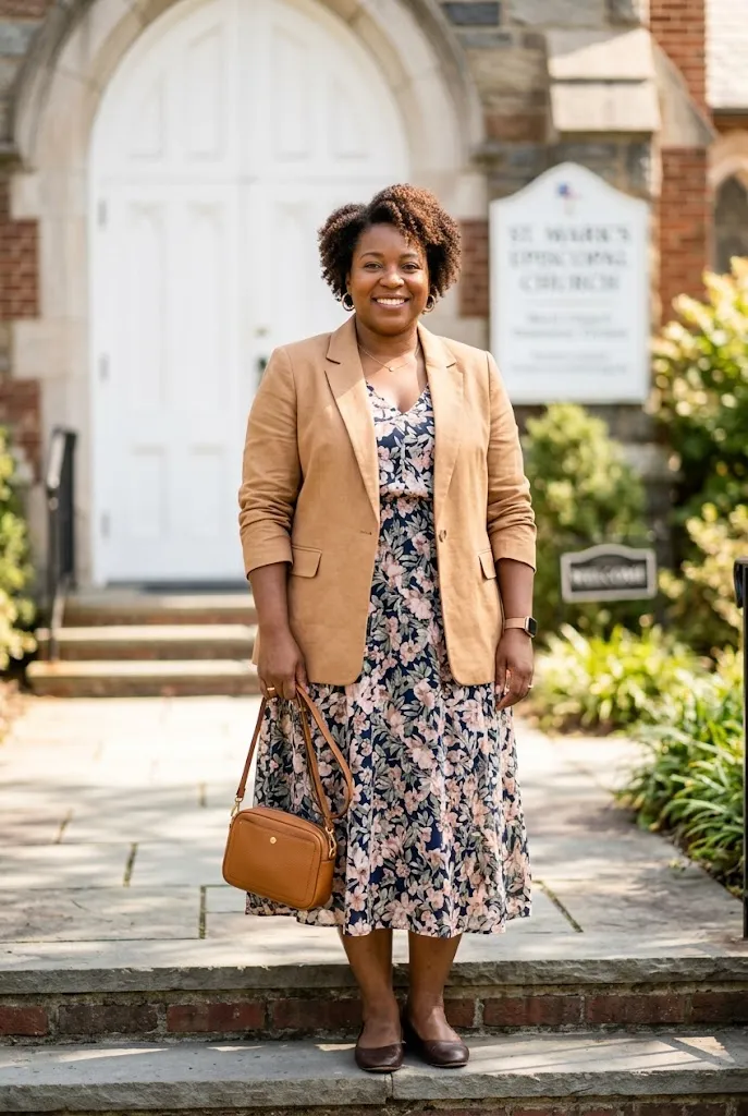 Plus size Black American woman wearing a tan blazer over a floral dress outside church