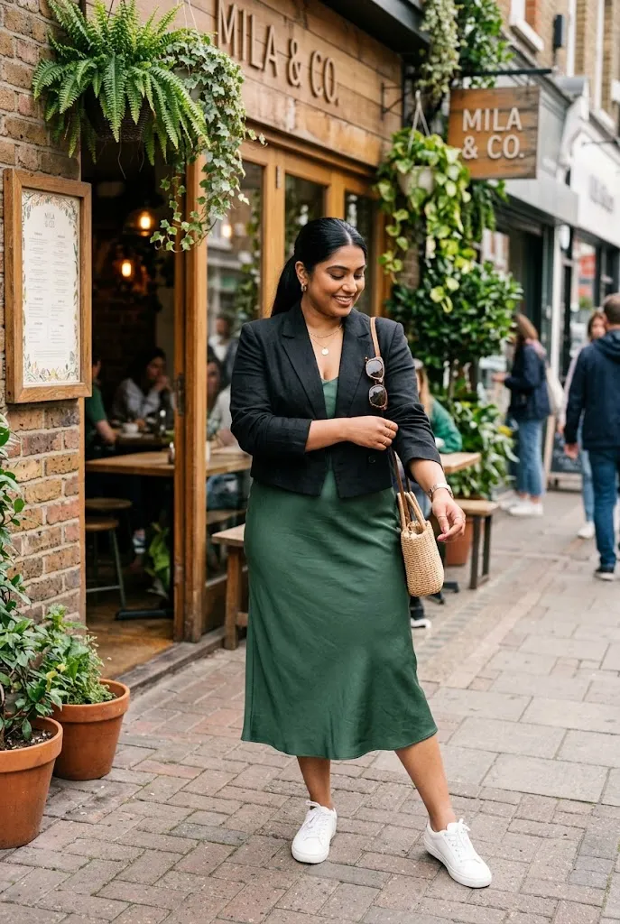 Full figured plus size woman wearing a cropped blazer over a slip dress outside a cafe