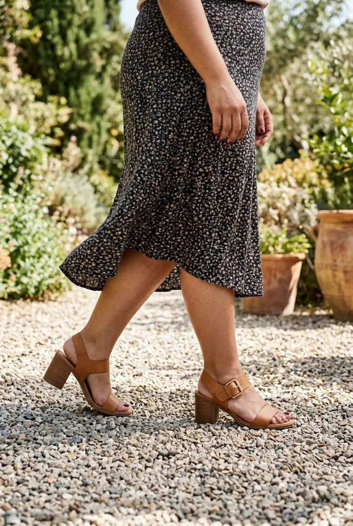 Close up of block heel sandals on a full figured plus size woman crossing a gravel patio