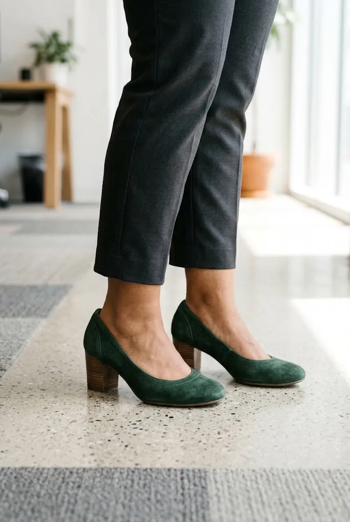 Close up of block heel shoes paired with a curvy work outfit