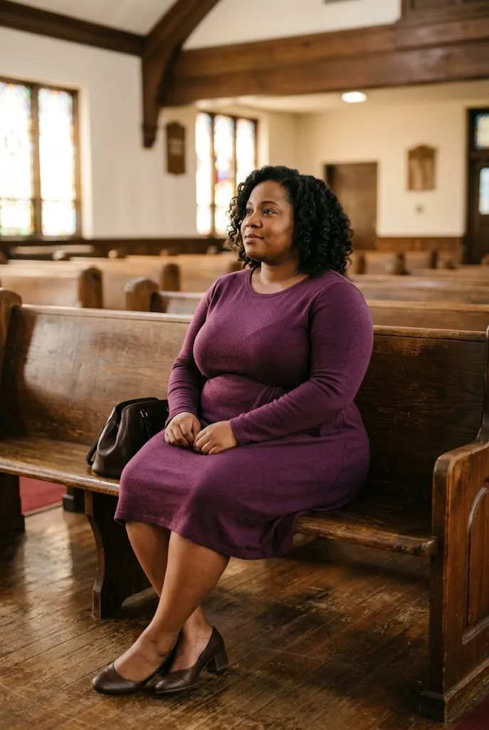 Plus size Black American woman sitting in a pew showing low block heel shoes