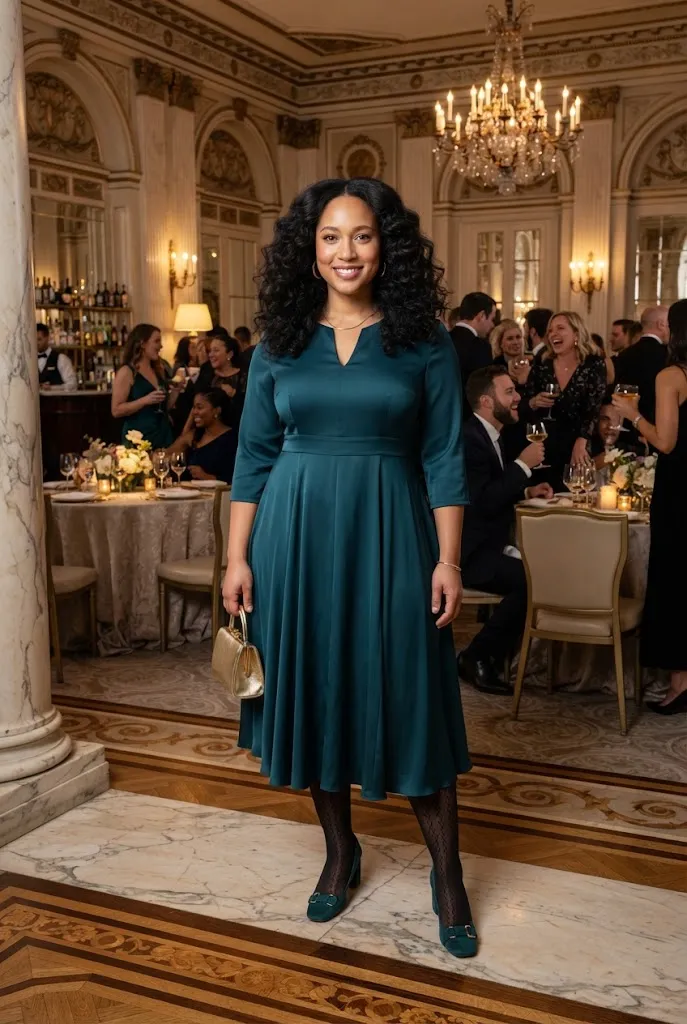 Plus-size woman wearing a stylish midi dress with comfortable block heels