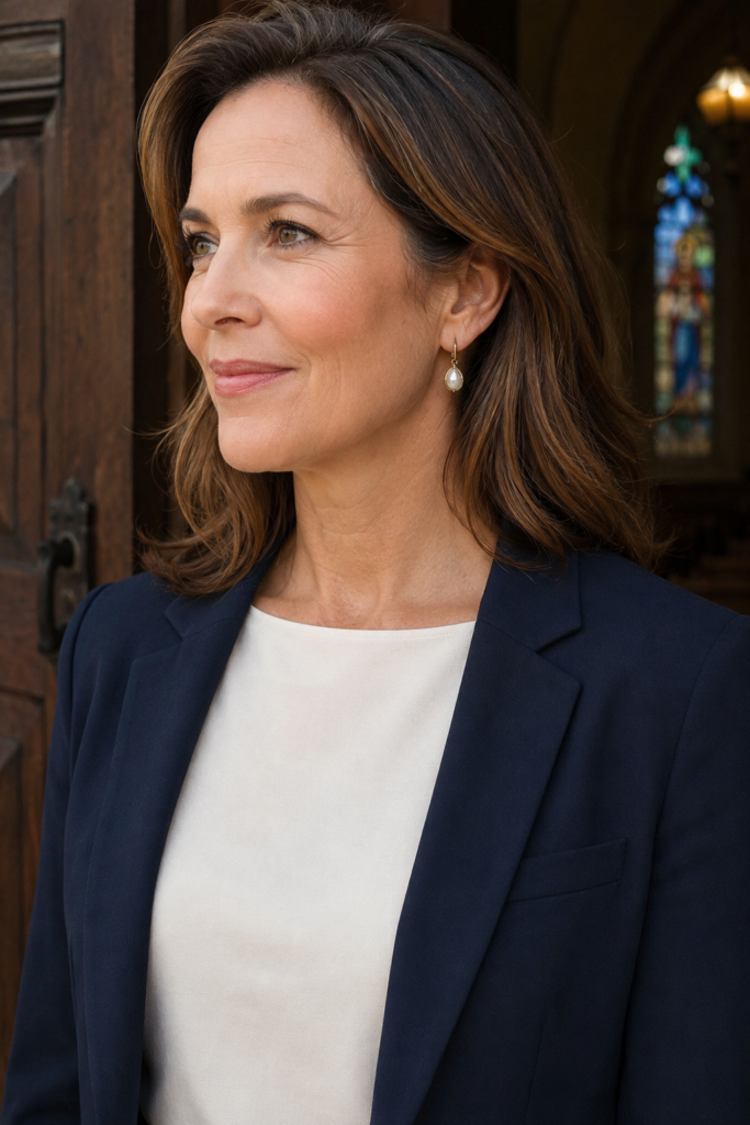 Boat neck top styled as a modest but interesting church outfit choice