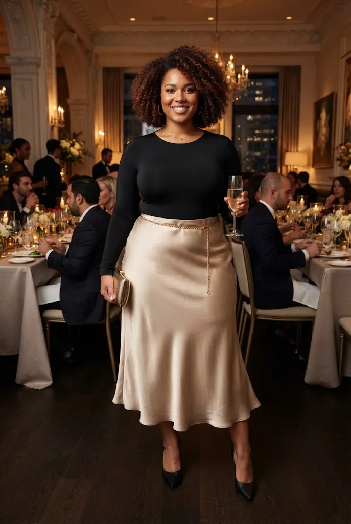 Curvy woman wearing a fitted bodysuit with a high-waisted satin skirt