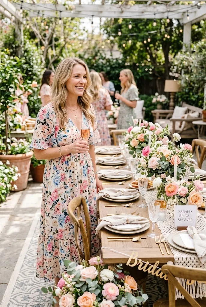 Woman in her 40s wearing a soft floral dress as a guest at a bridal shower brunch