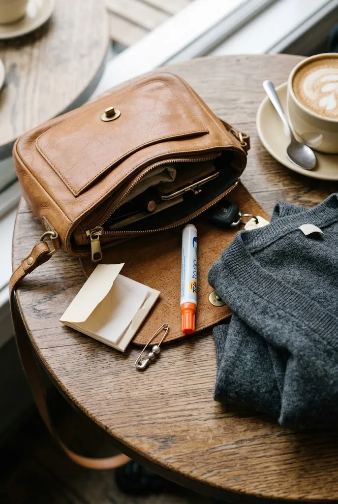 Flat lay of brunch bag essentials including blotting papers and a folded cardigan