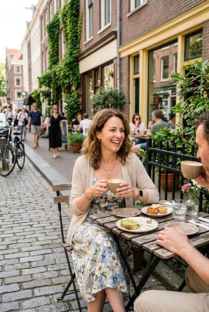 Woman in her 40s wearing a midi dress and light jacket on a brunch date