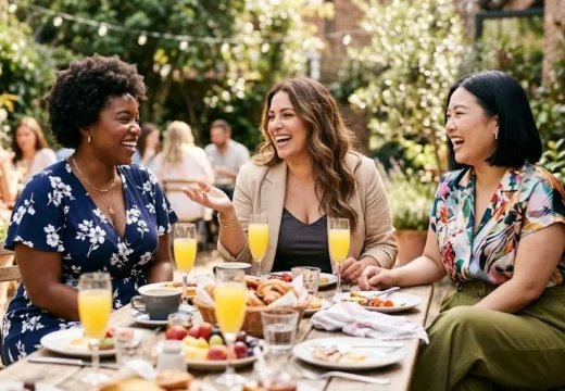 Group of plus size women in chic brunch outfits laughing at an outdoor patio table
