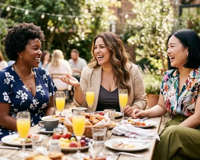 Group of plus size women in chic brunch outfits laughing at an outdoor patio table