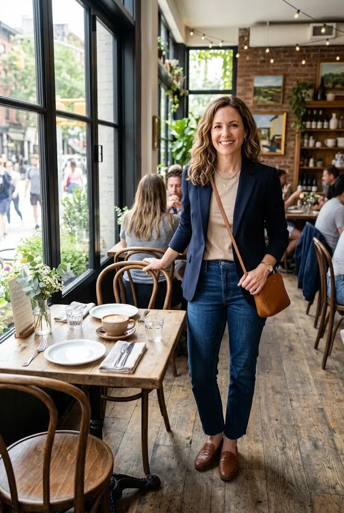 Woman in her 40s wearing straight leg jeans and a structured blazer at a casual weekend brunch table