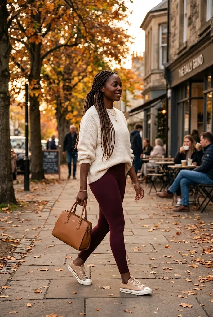 Black woman over 40 wearing burgundy leggings with a cream sweater and beige sneakers