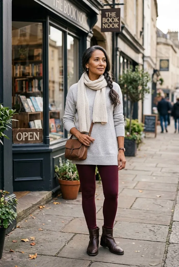 Woman over 50 wearing burgundy leggings with a gray sweater and cream scarf