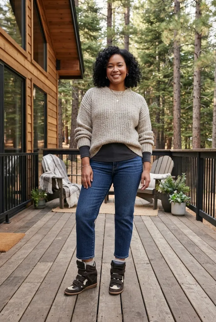 Woman in a chunky sweater wearing brown Isabel Marant-style wedge sneakers at a cabin