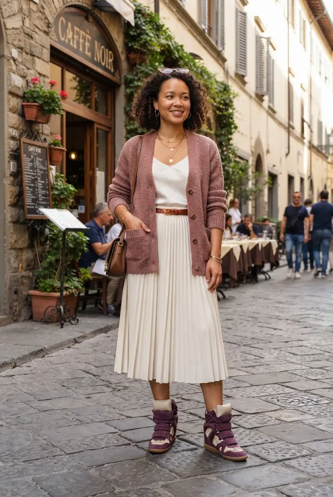 Woman in a cardigan and midi skirt wearing plum Isabel Marant-style wedge sneakers
