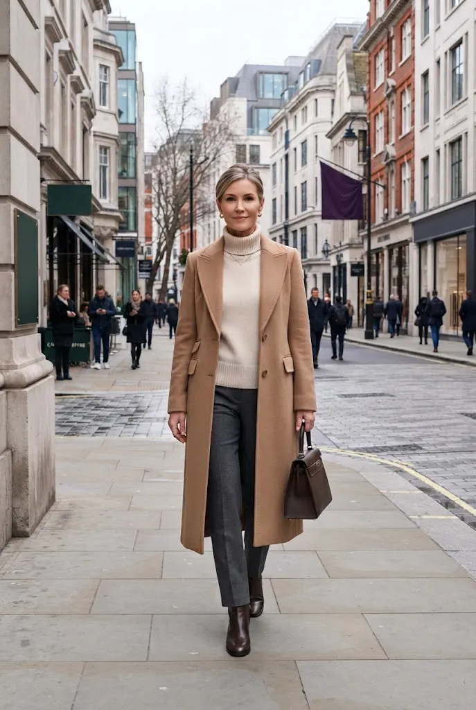 Woman wearing a camel coat over a cream and charcoal outfit