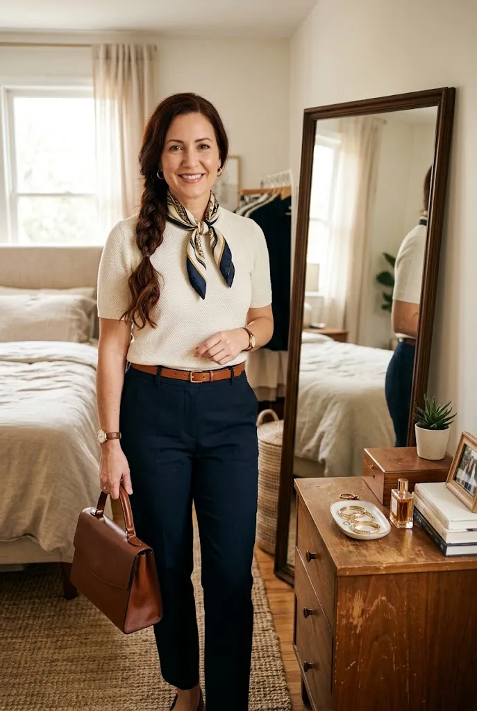 Woman over 30 styling accessories with a simple capsule wardrobe outfit