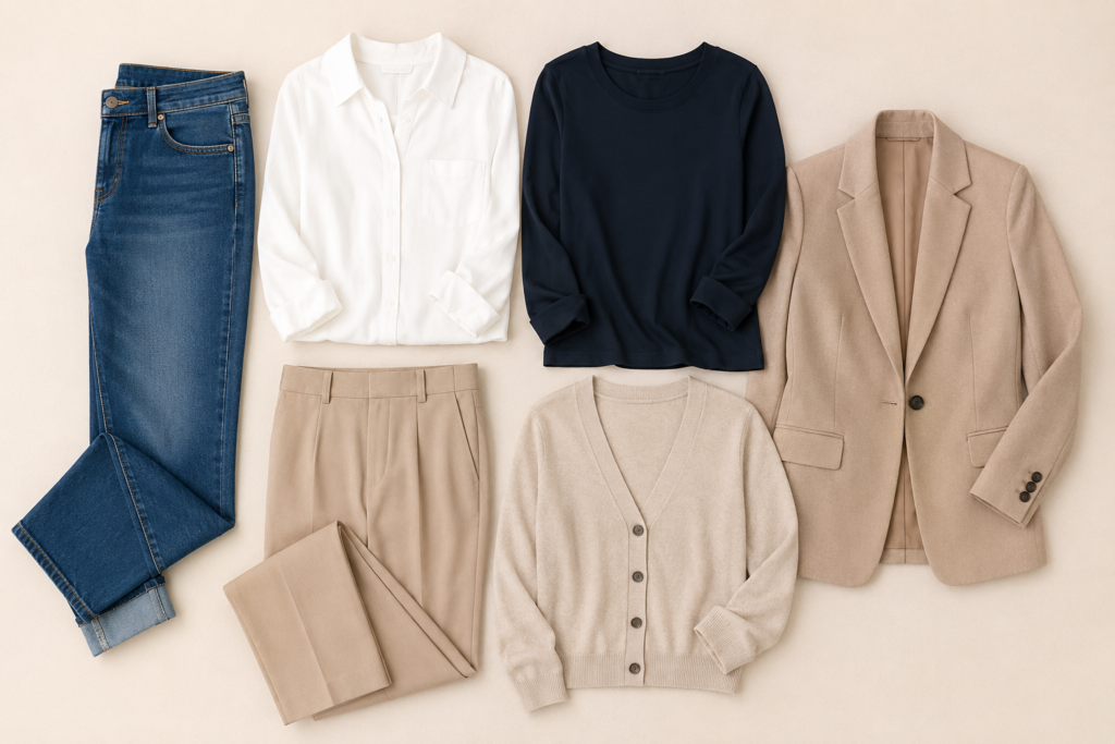 Small capsule wardrobe of five key pieces that build multiple casual outfits for women over 50