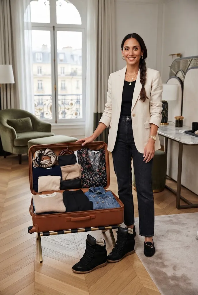 Weekend capsule wardrobe with black and cream Isabel Marant-style high-top wedge sneakers