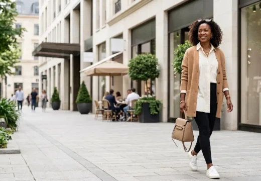Black woman over 40 wearing a casual black leggings outfit with a cream shirt, camel cardigan, white sneakers, and neutral handbag.