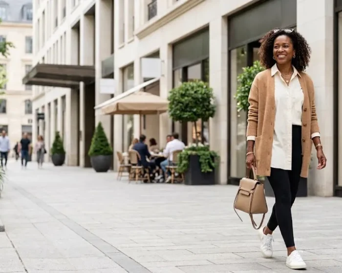 Black woman over 40 wearing a casual black leggings outfit with a cream shirt, camel cardigan, white sneakers, and neutral handbag.