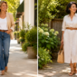Two women in their 50s wearing stylish casual outfits, one in a blazer with straight-leg jeans on a sunny sidewalk and the other in a belted linen shirtdress in a garden.
