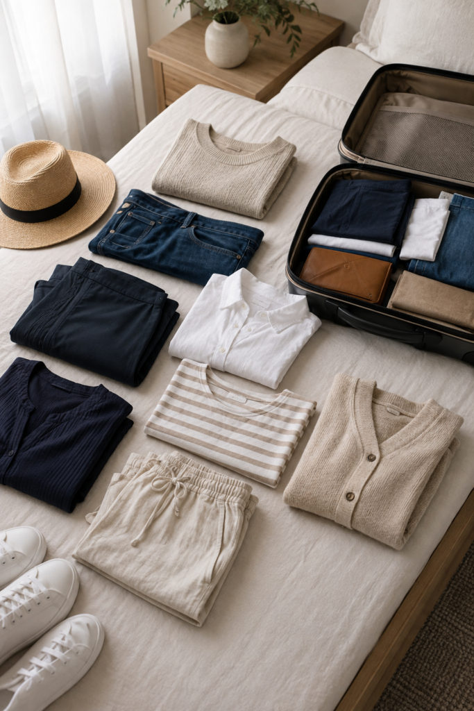 Stone, navy, and white travel outfit pieces laid out together for women over 50