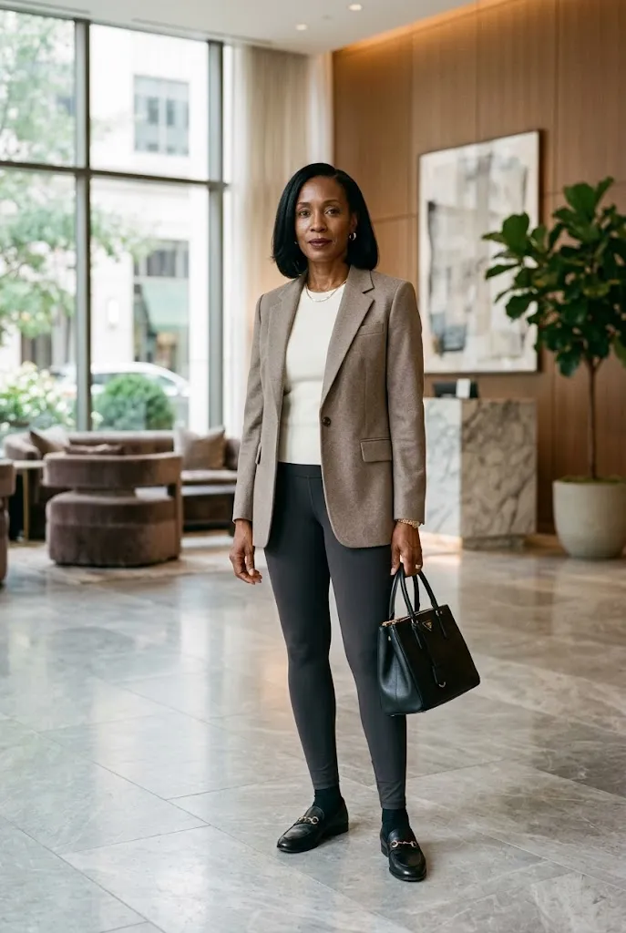 Woman over 50 wearing charcoal leggings with a taupe blazer and black loafers