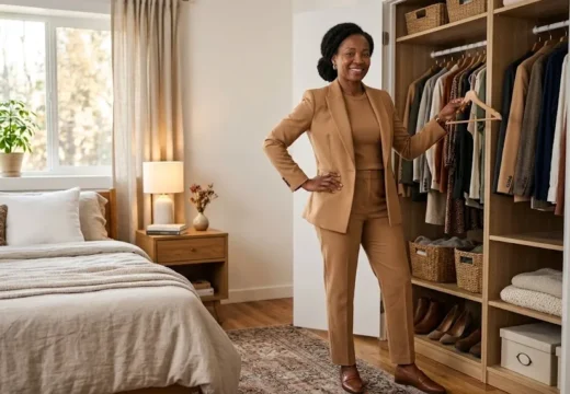 Black woman in her 40s wearing a chic camel monochrome outfit in front of an open closet