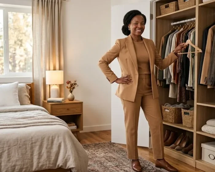 Black woman in her 40s wearing a chic camel monochrome outfit in front of an open closet