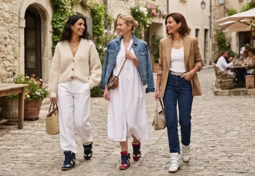 Three women wearing chic weekend getaway outfits with Isabel Marant-style wedge sneakers