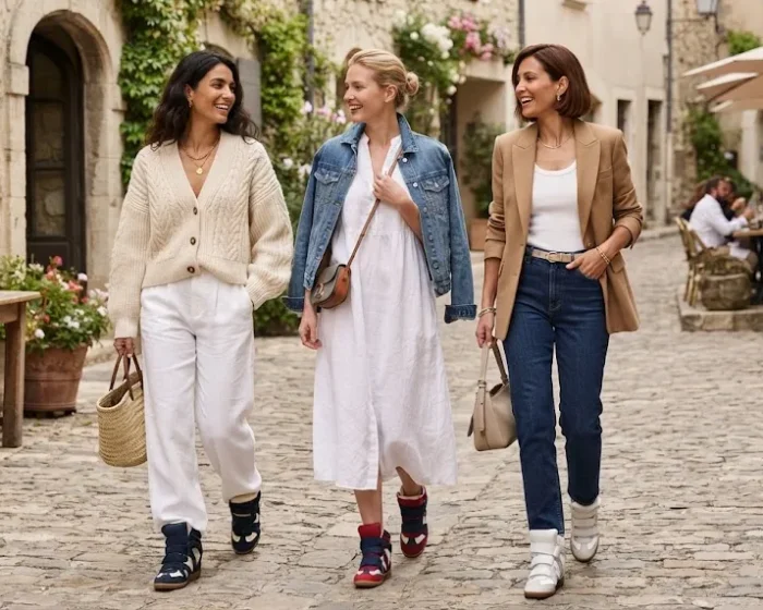 Three women wearing chic weekend getaway outfits with Isabel Marant-style wedge sneakers