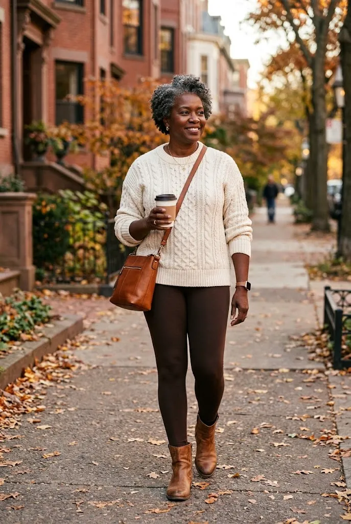 Woman over 50 wearing chocolate brown leggings with a cream sweater and tan boots