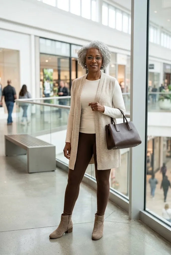 Black woman over 50 wearing chocolate brown leggings with an ivory top and long oatmeal vest