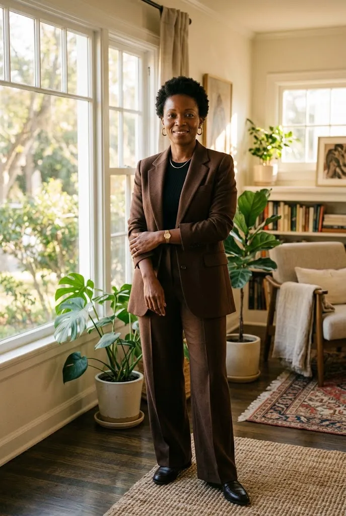Black woman over 40 wearing a chocolate brown blazer and trousers