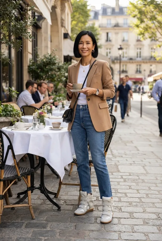 Woman in a blazer and jeans wearing white Isabel Marant-style wedge sneakers at brunch